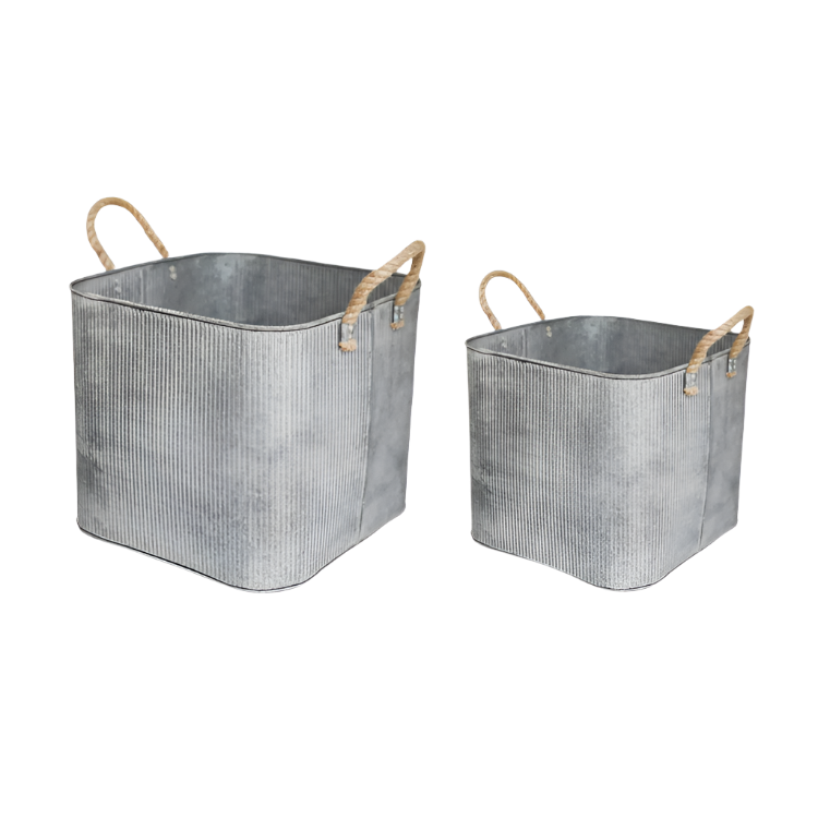 set of two galvanised planter with rope handles