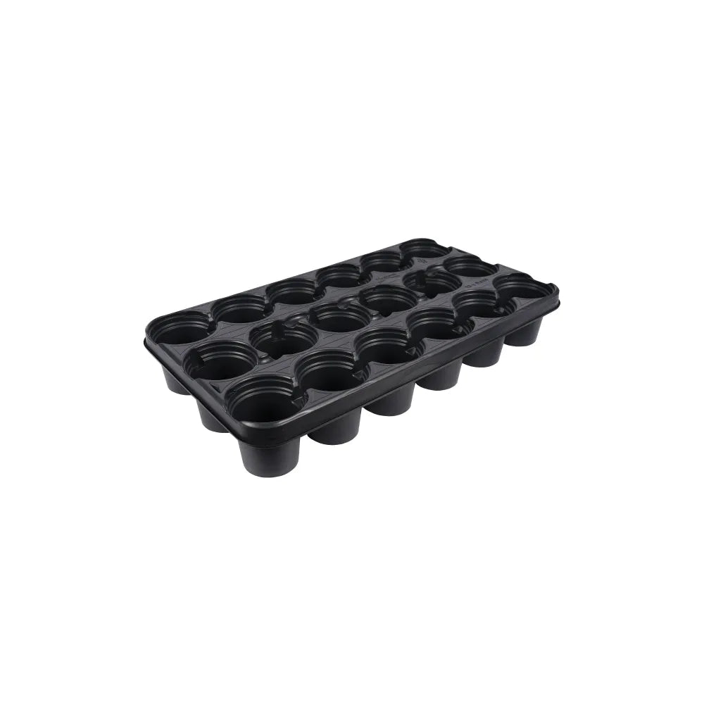 Black plastic tray with multiple small compartments on a white background