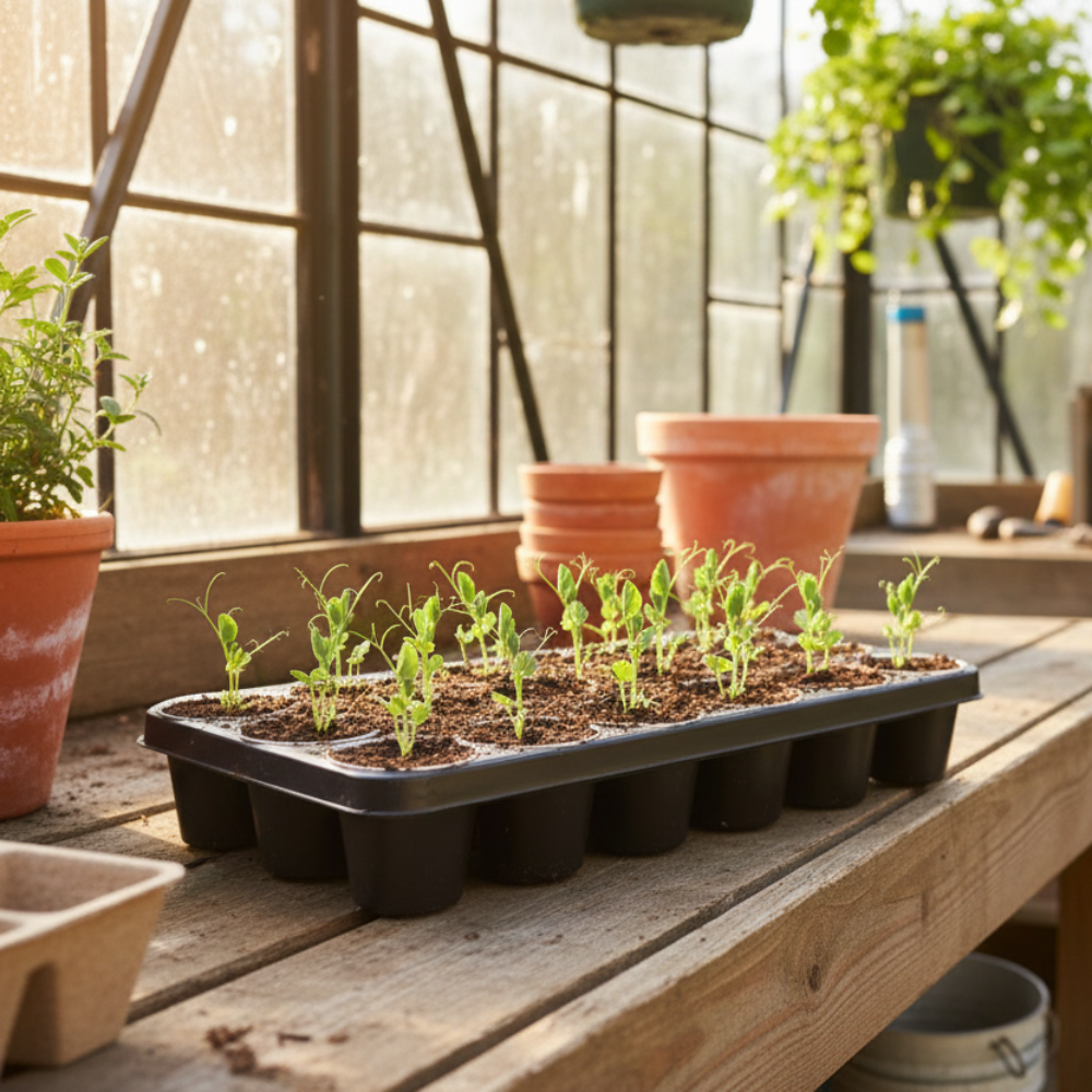 shuttle tray pots in greenhouse