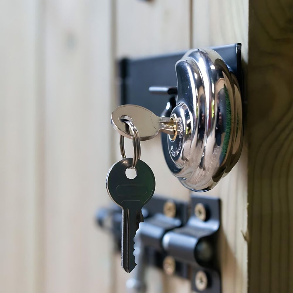 silver hanging circular bolt lock for outdoor wooden rustic storage box