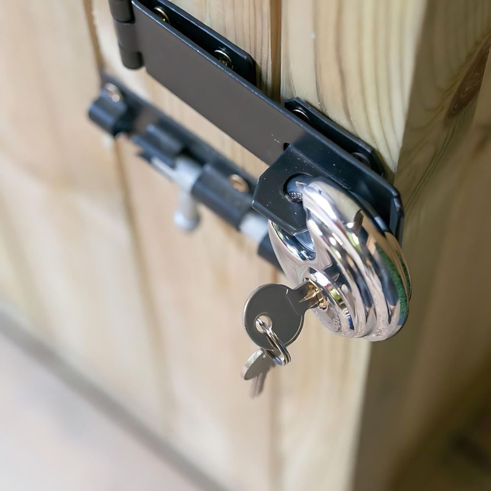 black hinge lock on bin storage with keys