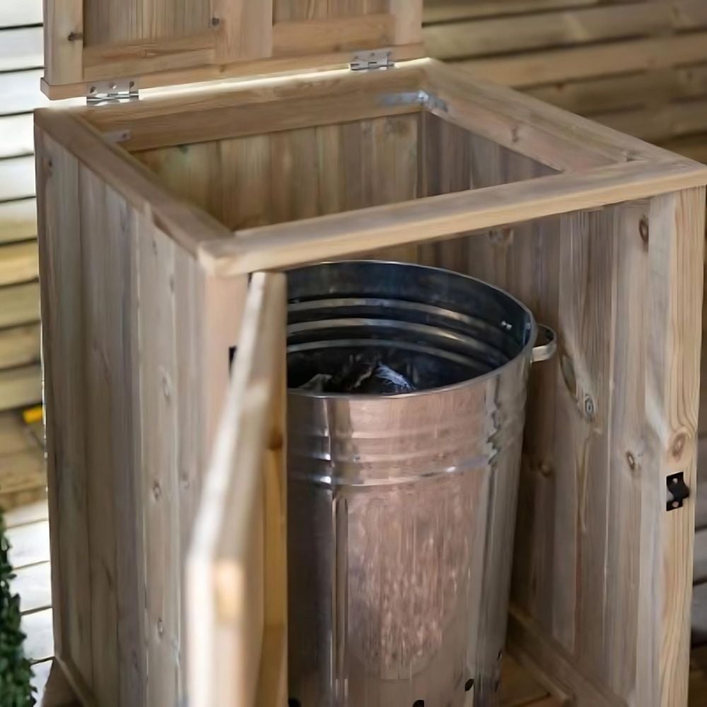 a diagonal side view of bin store open with silver bin showing and lid open for easy access