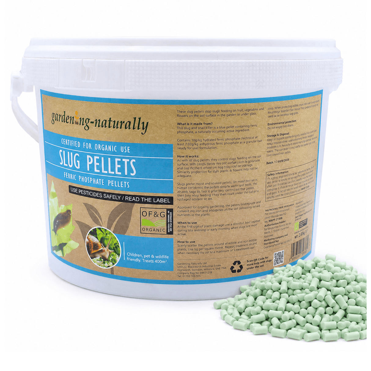 Gardening Naturally slug pellets packaging with pellets on a white background