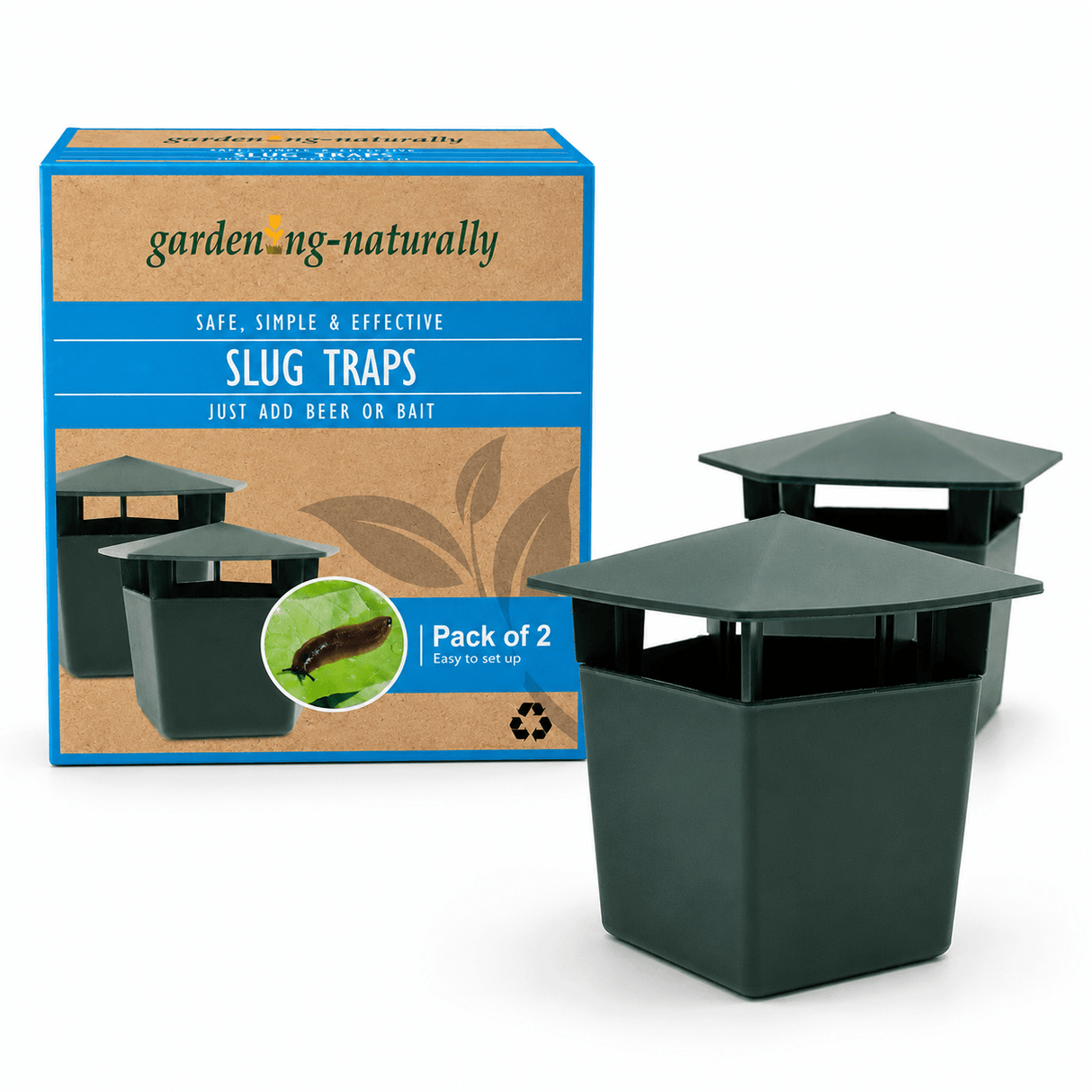 Slug traps with packaging labeled 'gardening.naturally' on a white background