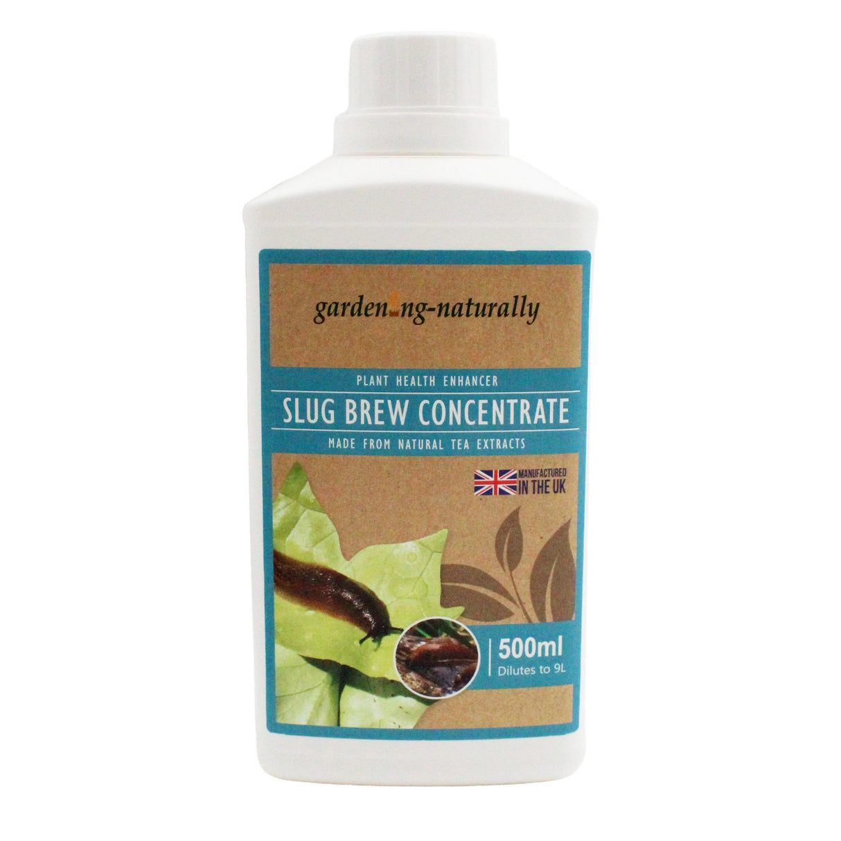 A 500ml white plastic bottle of garden-ng-naturally Slug Brew Concentrate, featuring a brown and teal label with a slug illustration and leaf graphics.