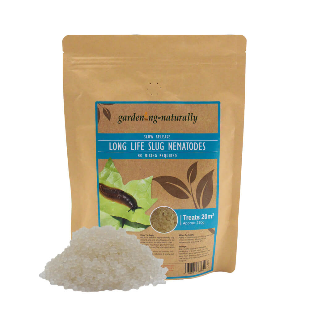 Package of long life slug nematodes on a white background