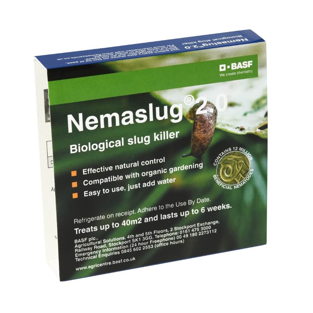 Box of Nemaslug 2.0 biological slug killer containing live nematodes for organic gardening, with a green and blue design showing the product name and use.