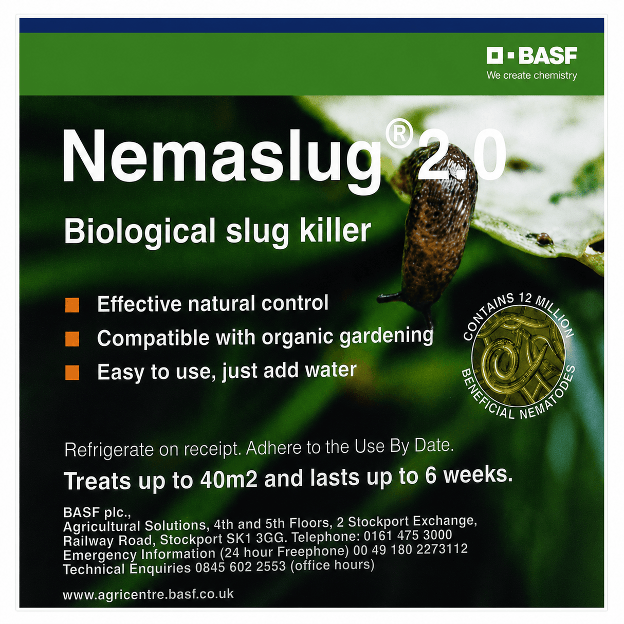 Packet of for Nemaslug 2.0 biological slug killer with a slug on a leaf.