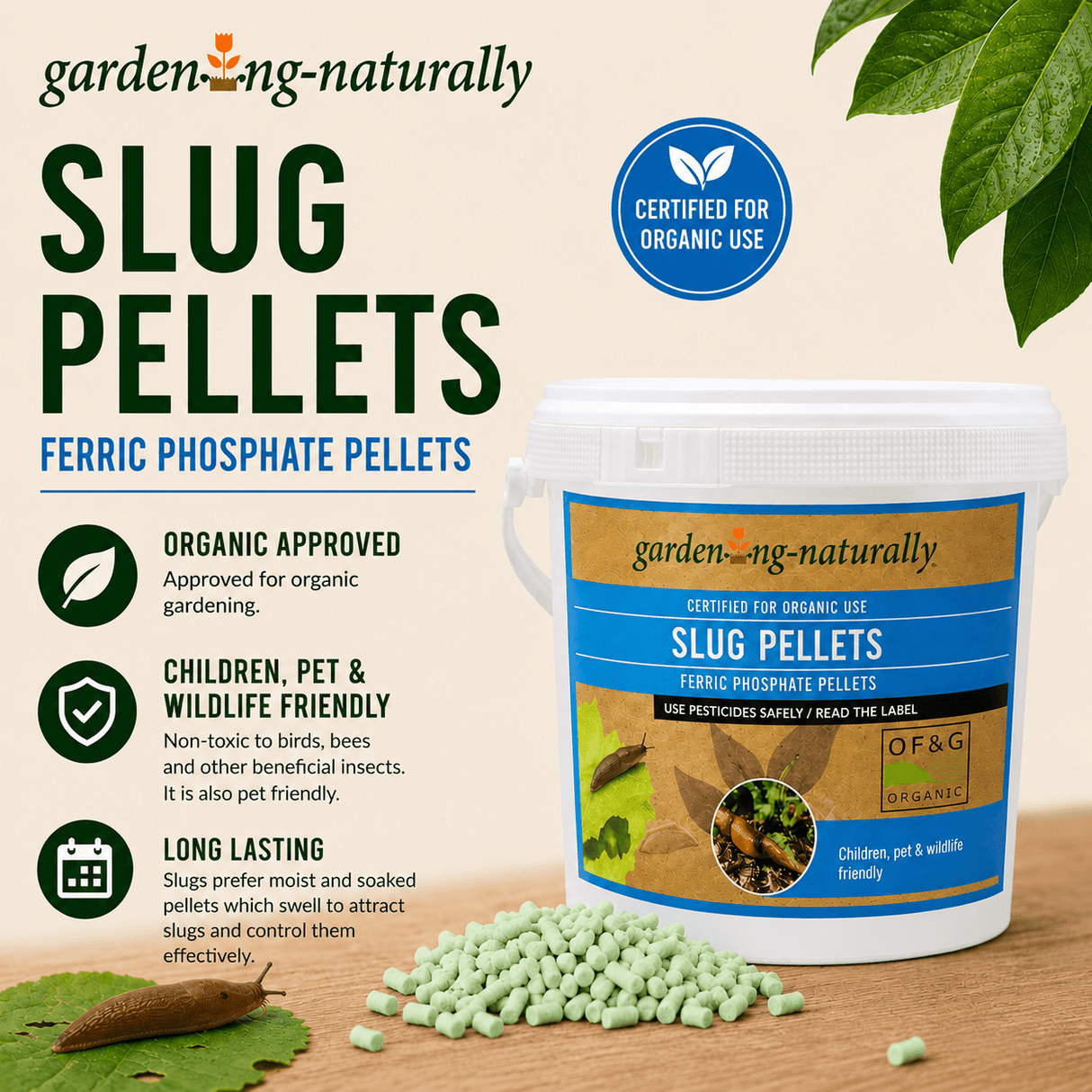 Gardening Naturally slug pellets with certification label on a wooden surface