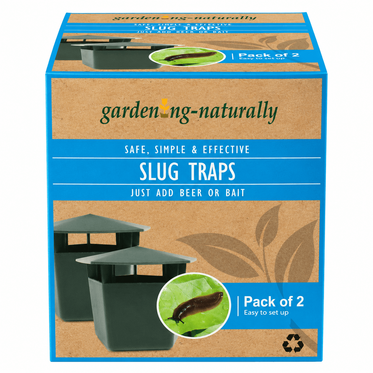 Packaging of 'garden naturally' slug traps with images of traps and a slug on a white background.