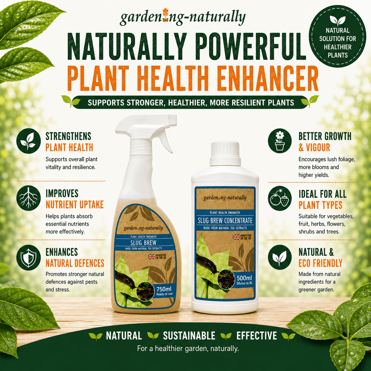 A promotional graphic for gardening-naturally plant health enhancers, showing two bottles side by side on a wooden surface with a soft garden background. The left bottle is a white spray trigger with a gold-and-black label reading Slug Brew 750ml, and the right bottle is a white bottle with a gold-and-black label reading Slug Brew Concentrate 500ml.