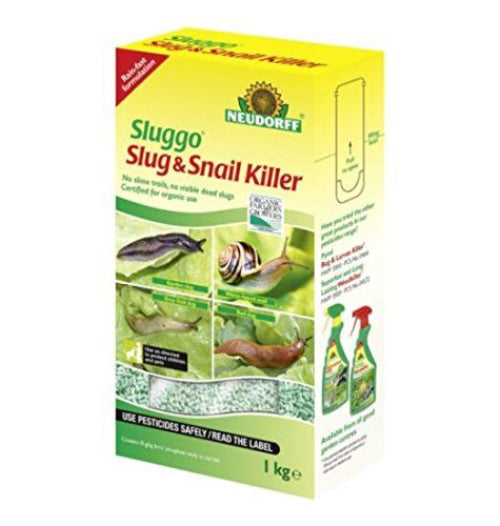 Two packaging options for Sluggo Slug & Snail Killer, one as a green bottle and one as a yellow and white box with product information.