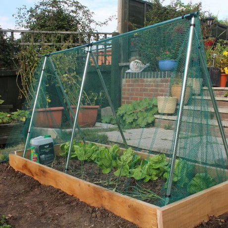 A green A-frame garden tunnel made of aluminum and mesh, set over a raised bed of vegetables in a garden.