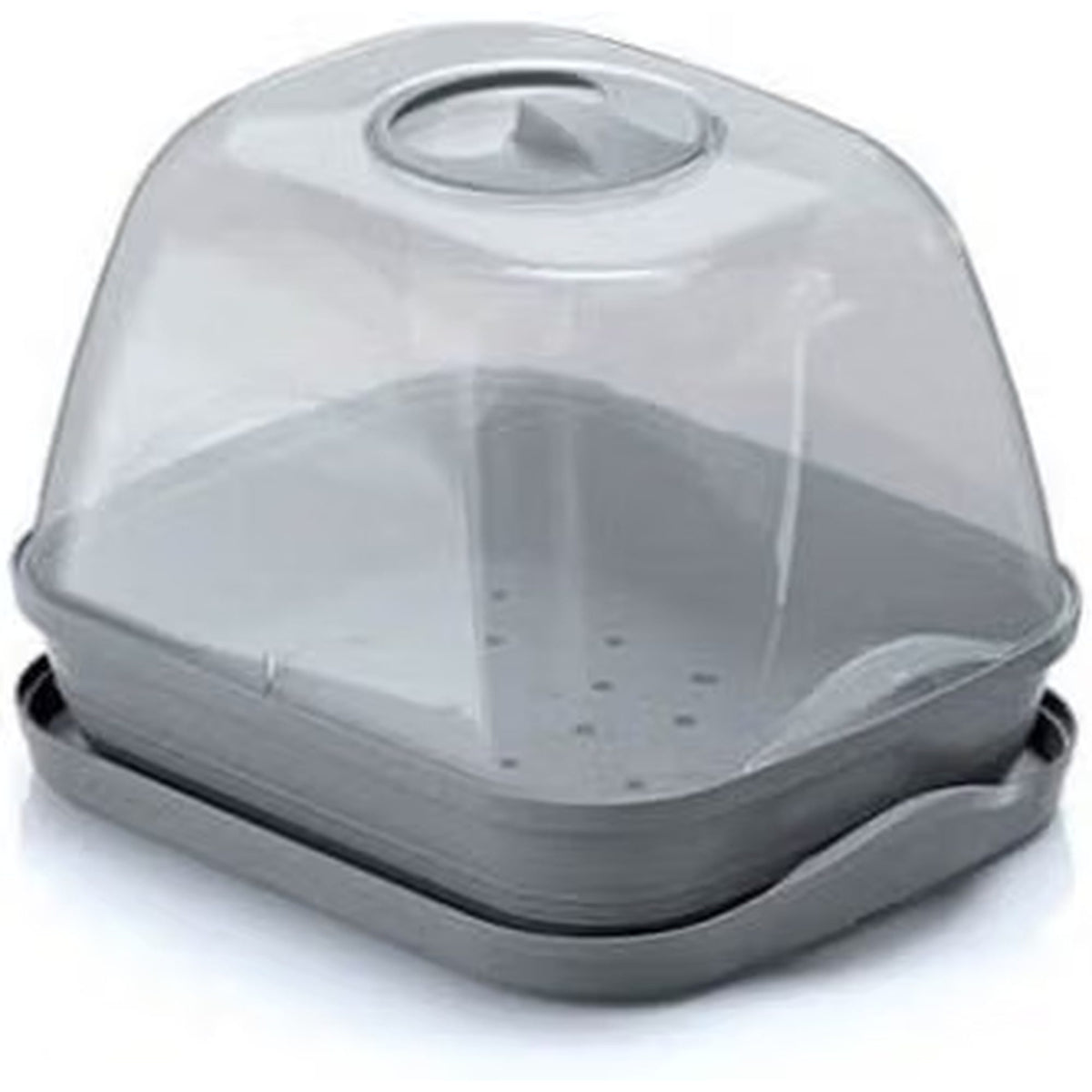 A gray plastic container with a clear, semi-transparent dome lid and a matching gray base, shown on a plain white background.