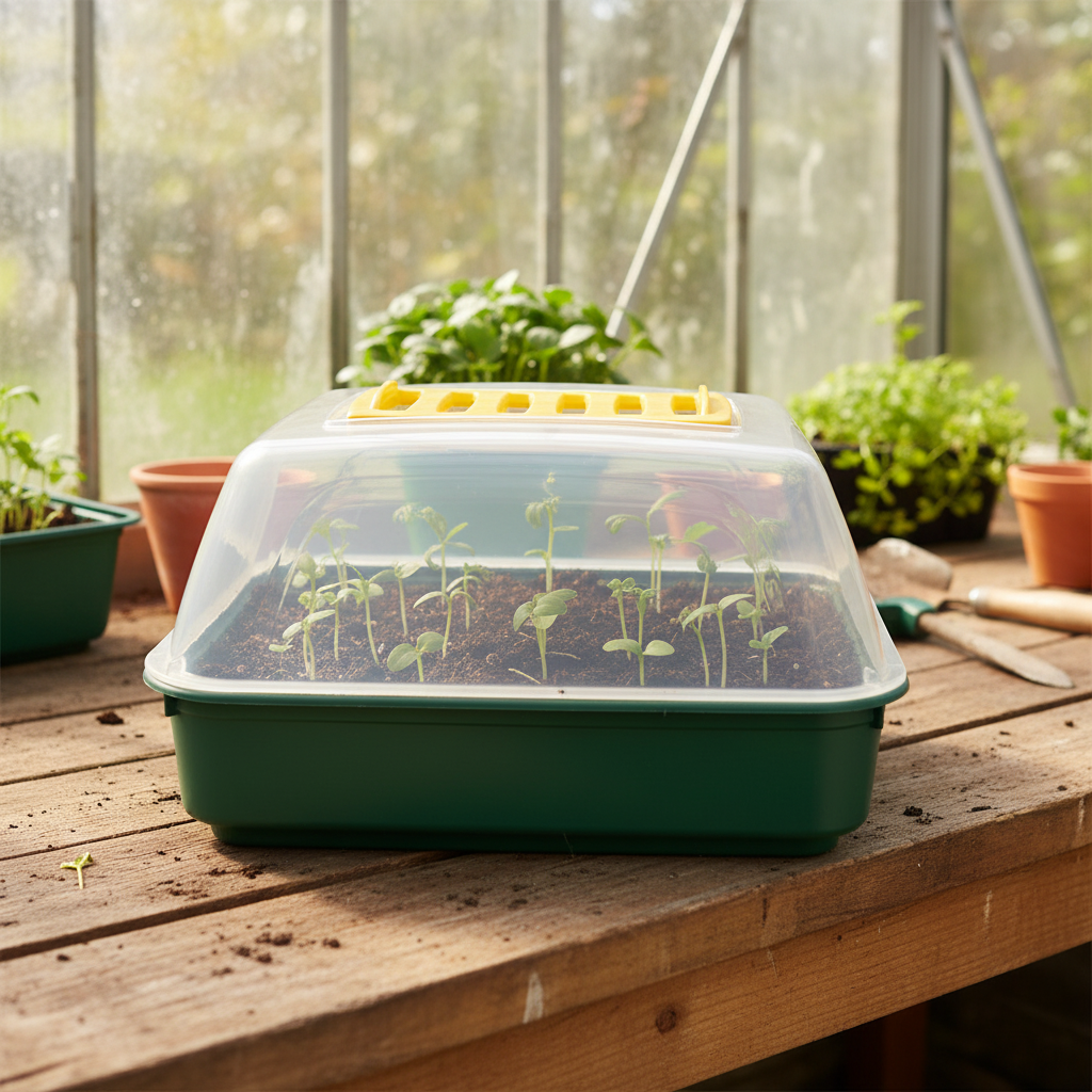 Green seedling tray with transparent lid on a wooden table in a greenhouse.