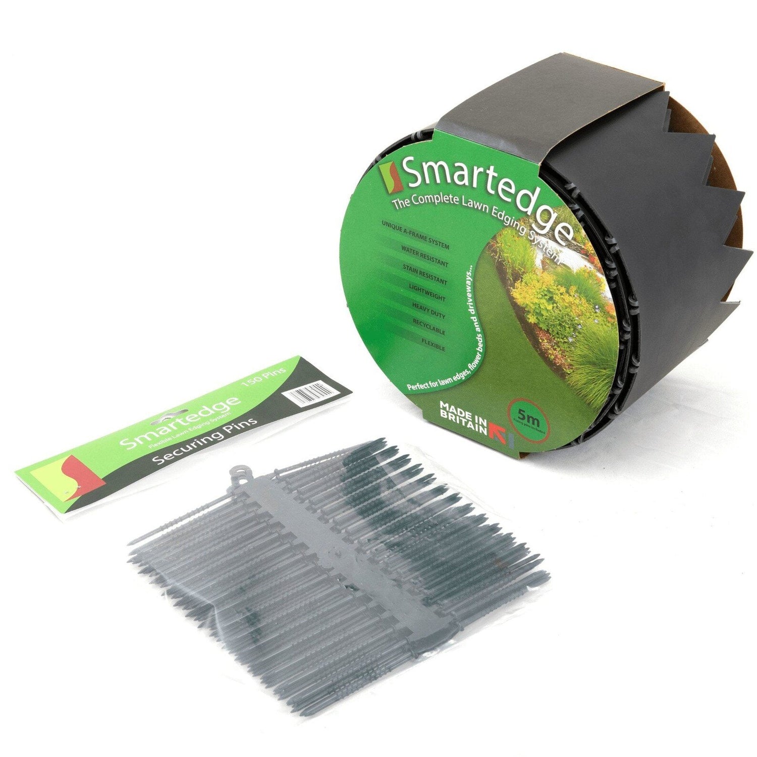 Smartdge garden border with securing pins on white backgound