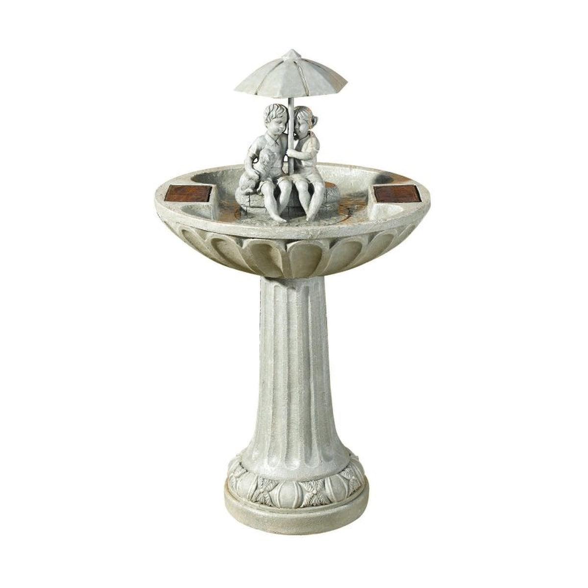 Decorative outdoor fountain with statues under an umbrella on a white background