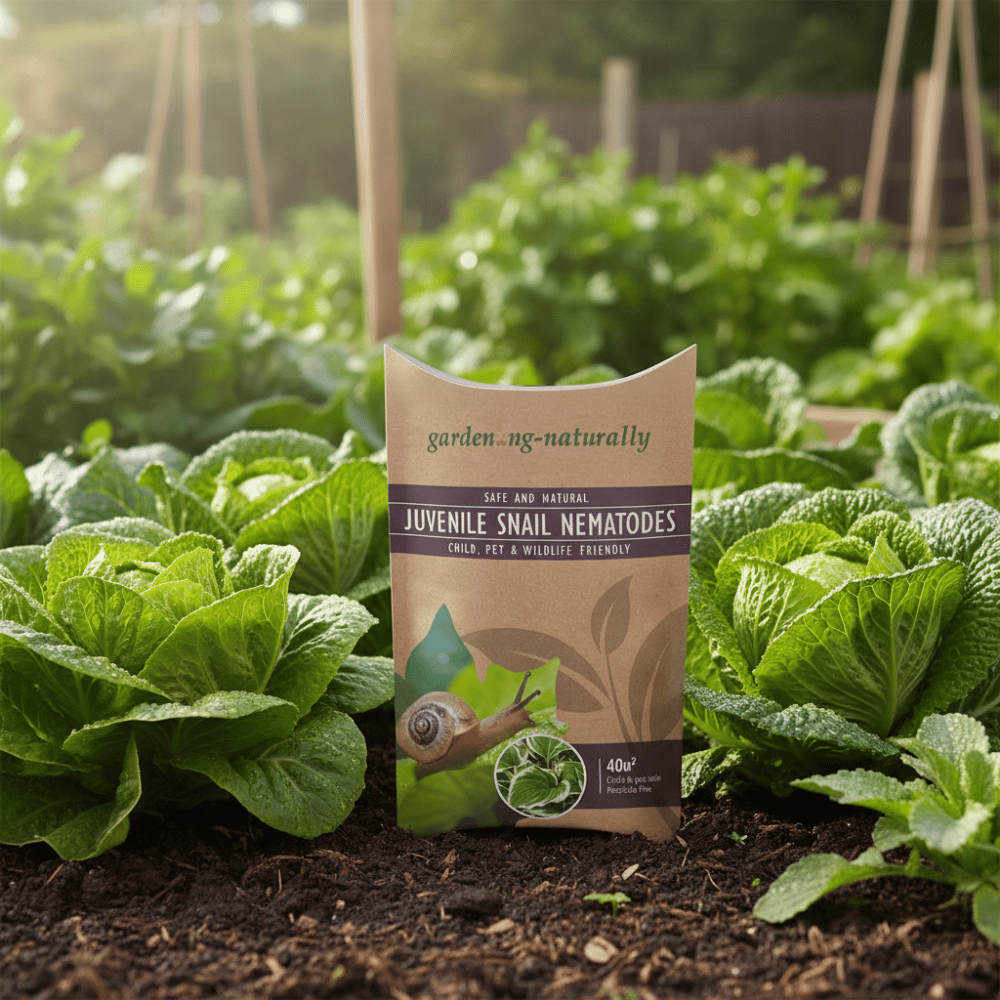 Package of 'Juvenile Snail Nematodes' in a garden setting with green plants.