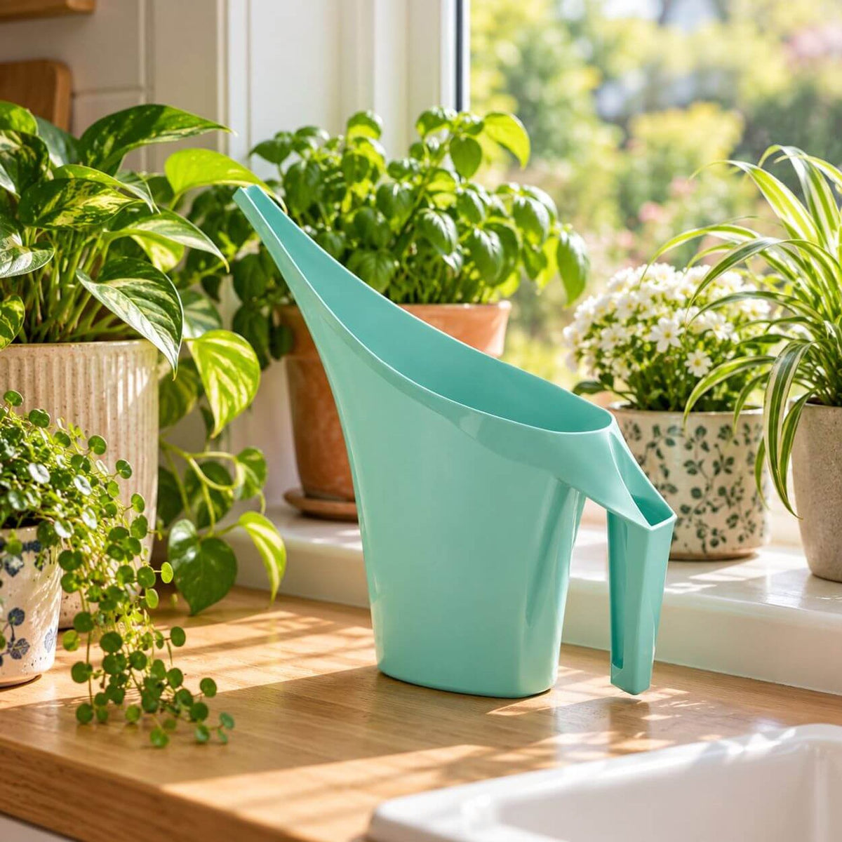 A mint green plastic watering can with a long spout and integrated handle, set on a wooden windowsill surrounded by potted green plants in a bright, sunny indoor garden setting.