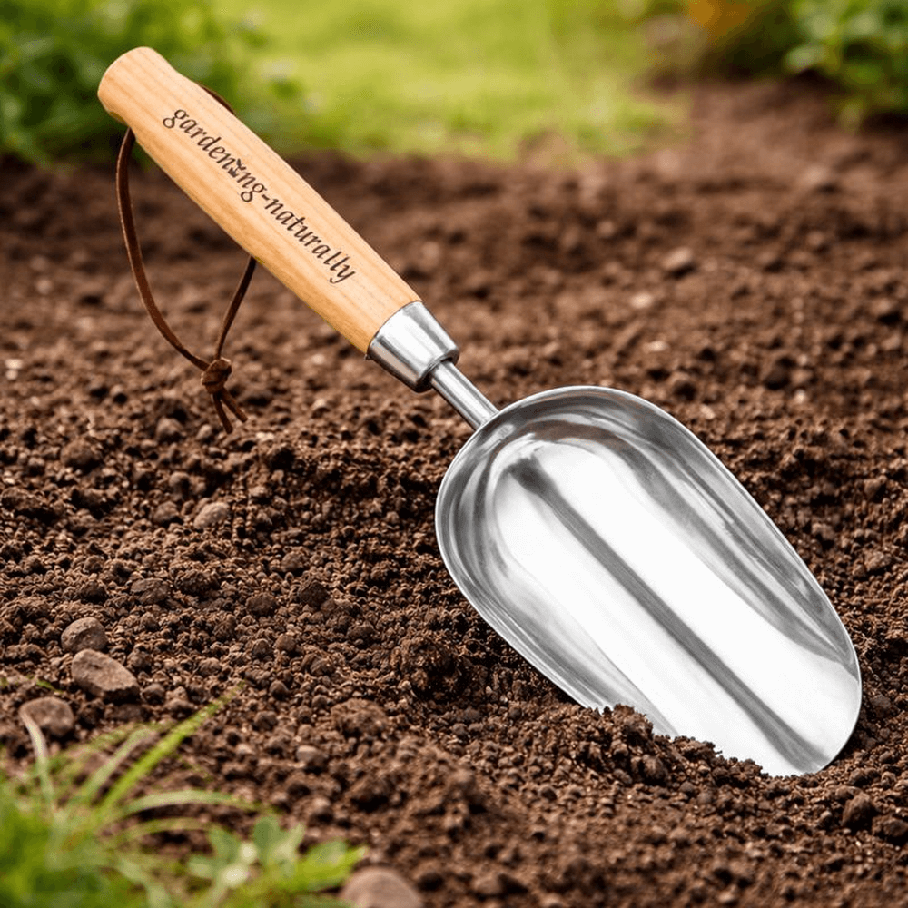 Hand soil scoop with wooden handle and stainless steel head digging compost and garden soil for planting and potting