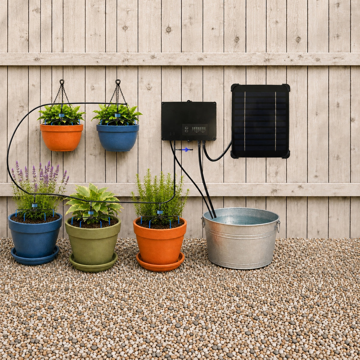 Solar-powered drip irrigation system with a black solar panel, electronic controller, and black tubing watering five potted plants against a light wood fence and gravel ground.