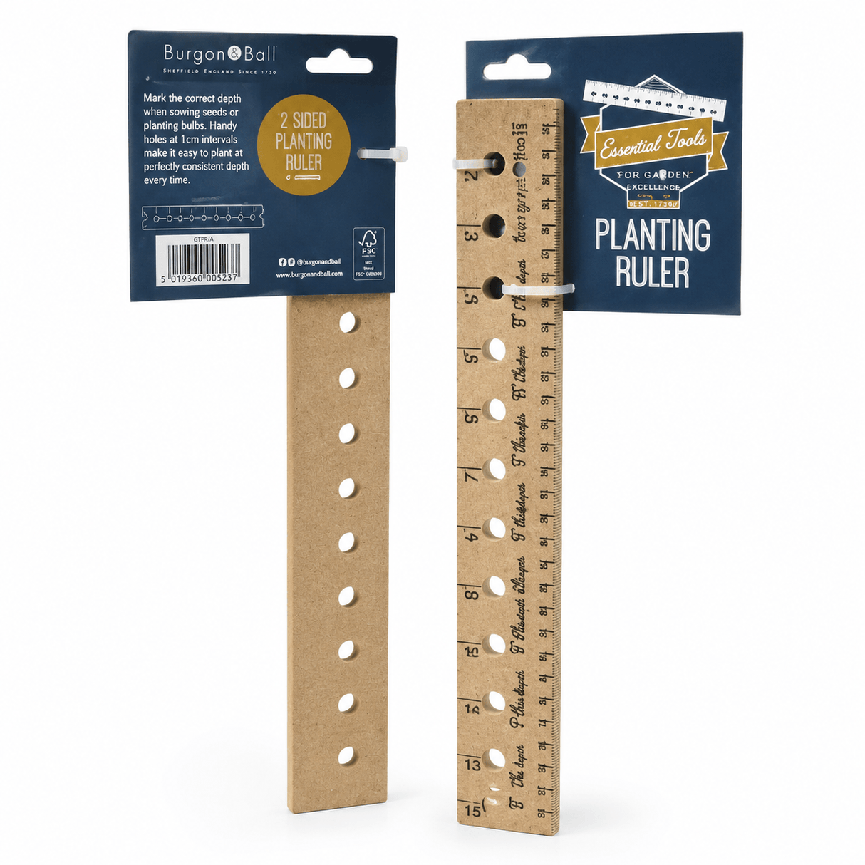 Two wooden planting rulers with packaging on a white background