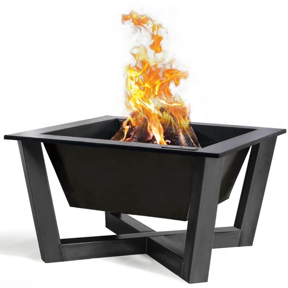 Square firepit with fire and detailed cross legs