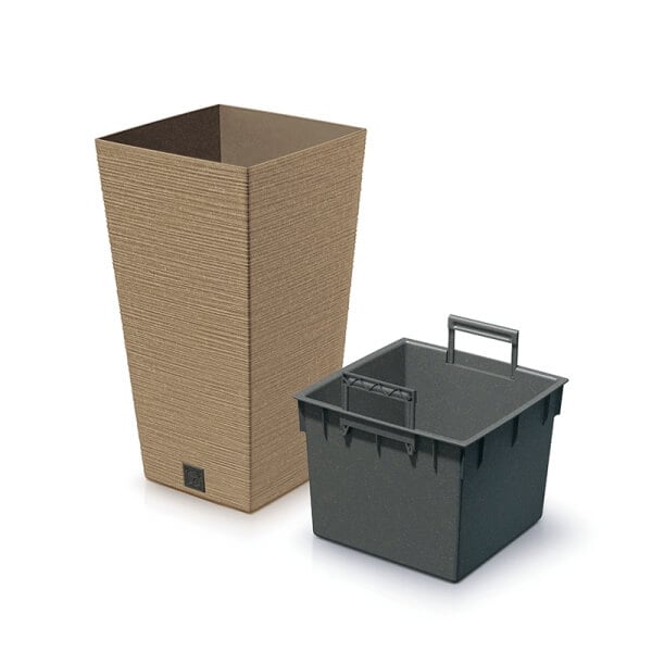 Tall natural colour plant pot which is square plus the insert sat by its side