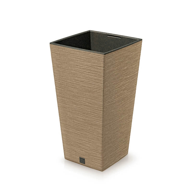A tall square brown/natural plant pot made from a combination of recycled plastic and natural wood, with a black plastic insert at the bottom.