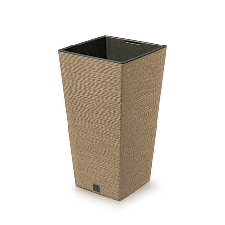 A tall square brown/natural plant pot made from a combination of recycled plastic and natural wood, with a black plastic insert at the bottom.