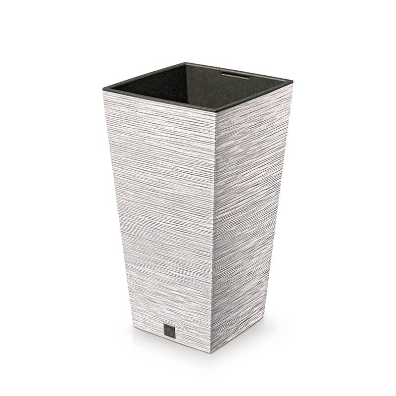 A tall square white plant pot made from a combination of recycled plastic and natural wood, with a black plastic insert at the bottom.