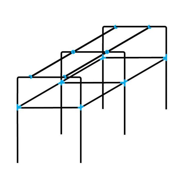 A black square domed walk-in fruit or vegetable cage made of aluminum with a few points of interest marked with blue dots.