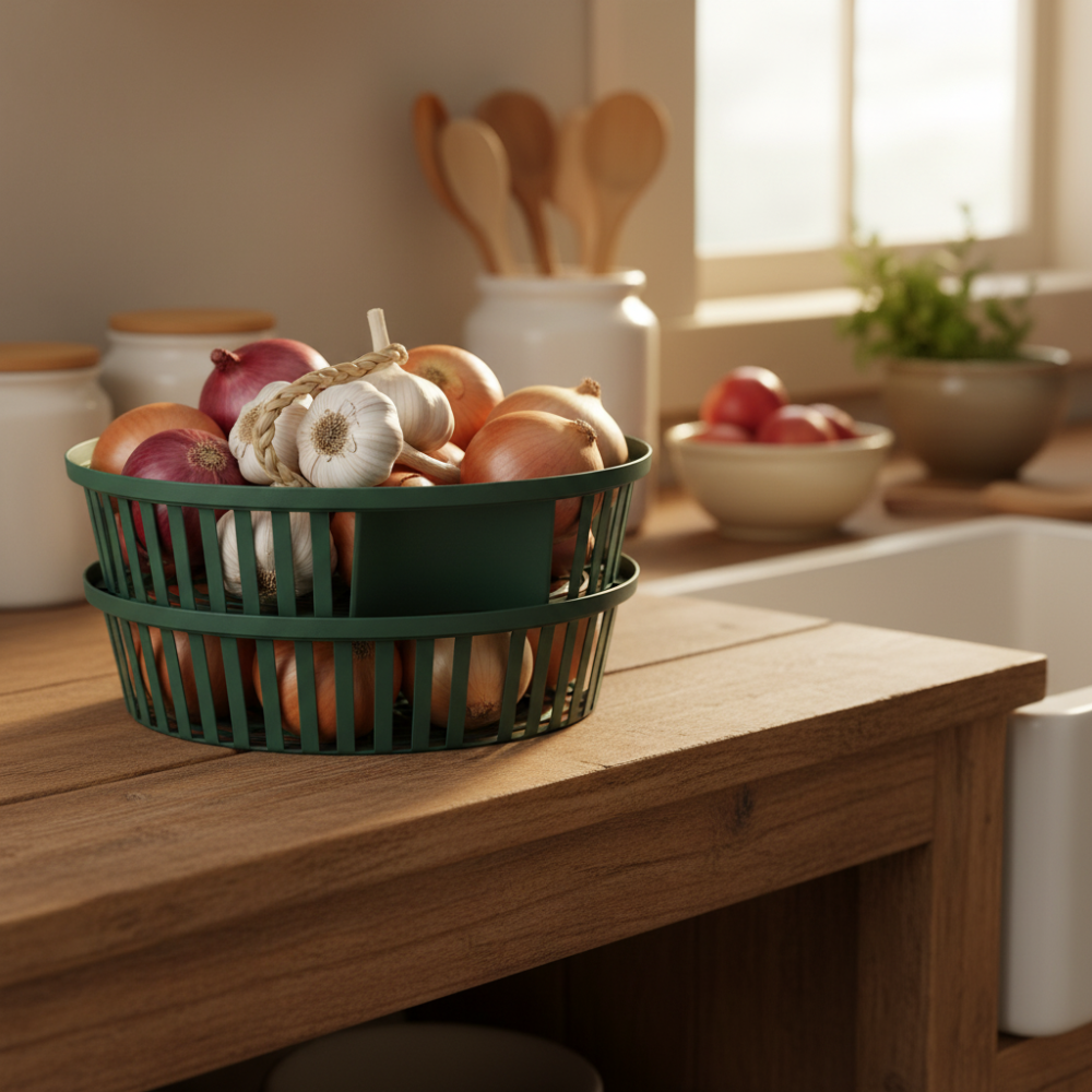 stacked bulb baskets in kitchen