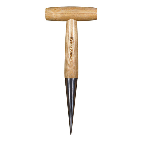 A stainless steel garden dibber with a wooden T-shaped handle and a sharp steel tip for planting bulbs and seedlings.