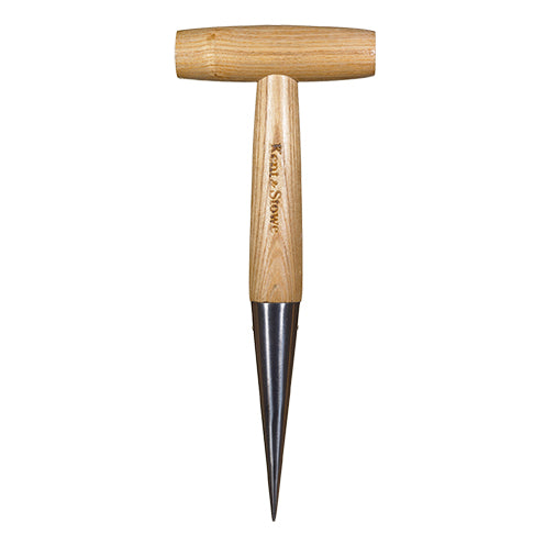 A stainless steel garden dibber with a wooden T-shaped handle and a sharp steel tip for planting bulbs and seedlings.