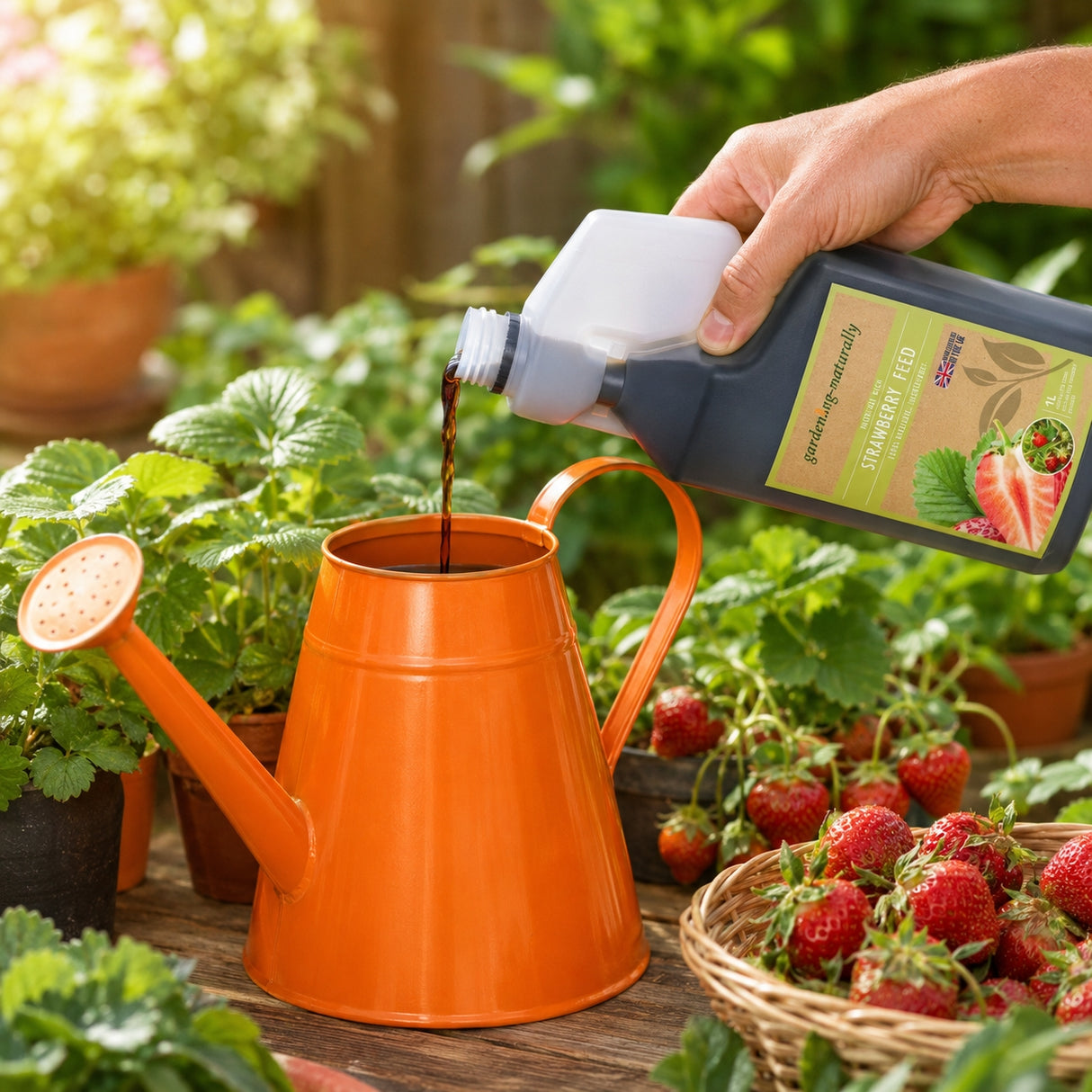 Person pouring liquid from a bottle into an orange watering can with plants and strawberries in the background.