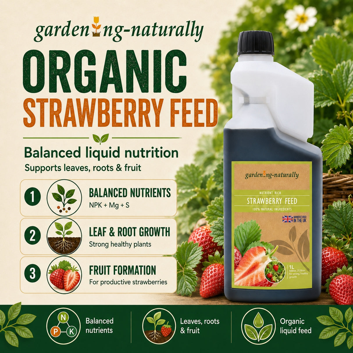Organic strawberry feed product with branding and features on a garden-themed background