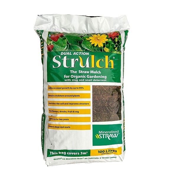 Bag of dual action strulch straw mulch for gardening