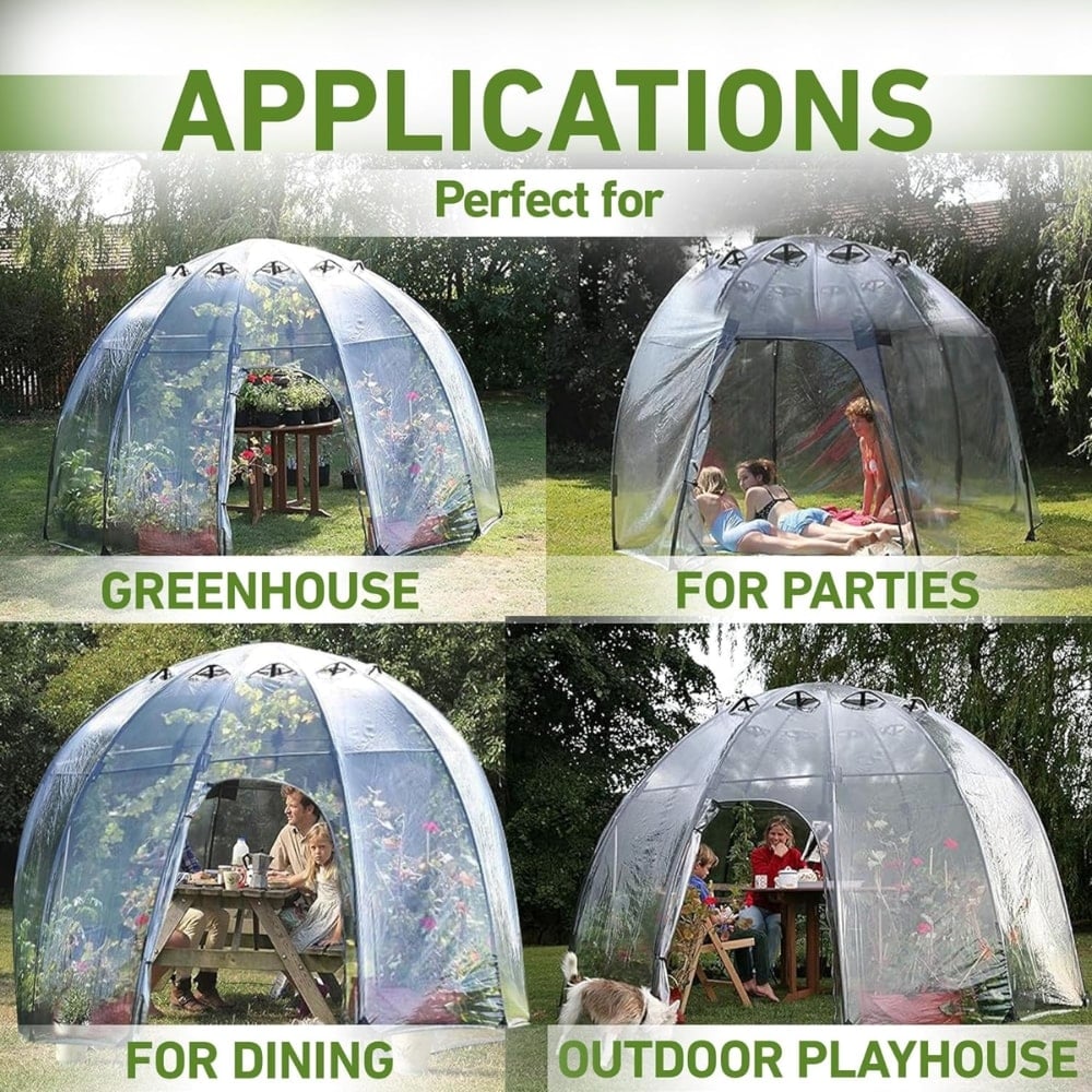 sun bubble being used as a greenhouse, for parties, dining or playhouse