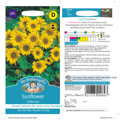 Packaging for Sunflower Little Leo seeds featuring an image of矮矮的向日葵植株 with yellow flowers.