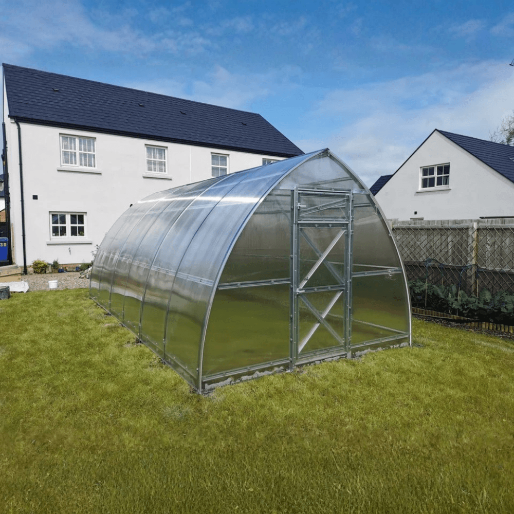 Greenhouse on grass with houses in the background