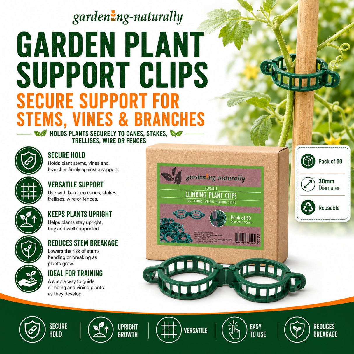 Garden plant support clips with packaging and product details on a white background