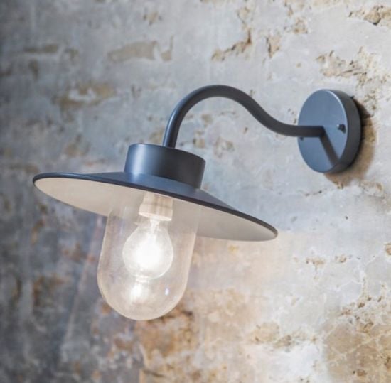 An outdoor wall-mounted garden light with a gray swan neck