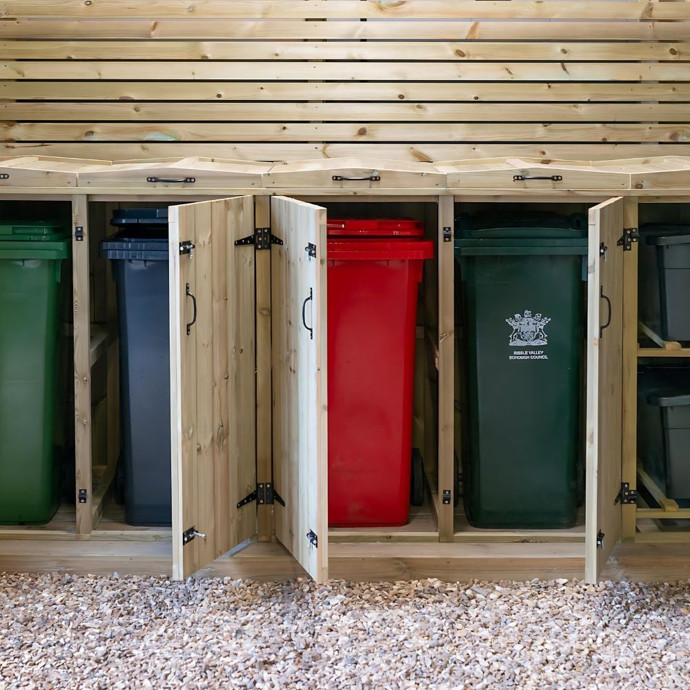 wooden outdoor storage box with swing doors on stones