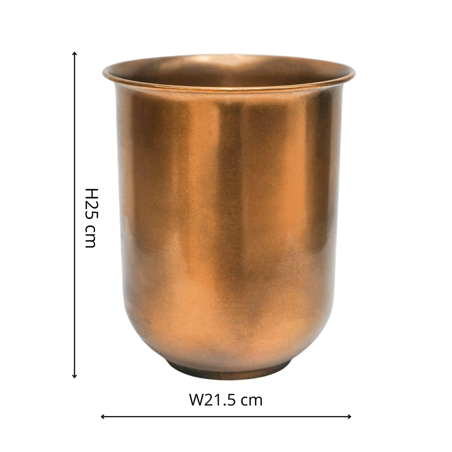 Copper effect plant pot diagram showing height and width