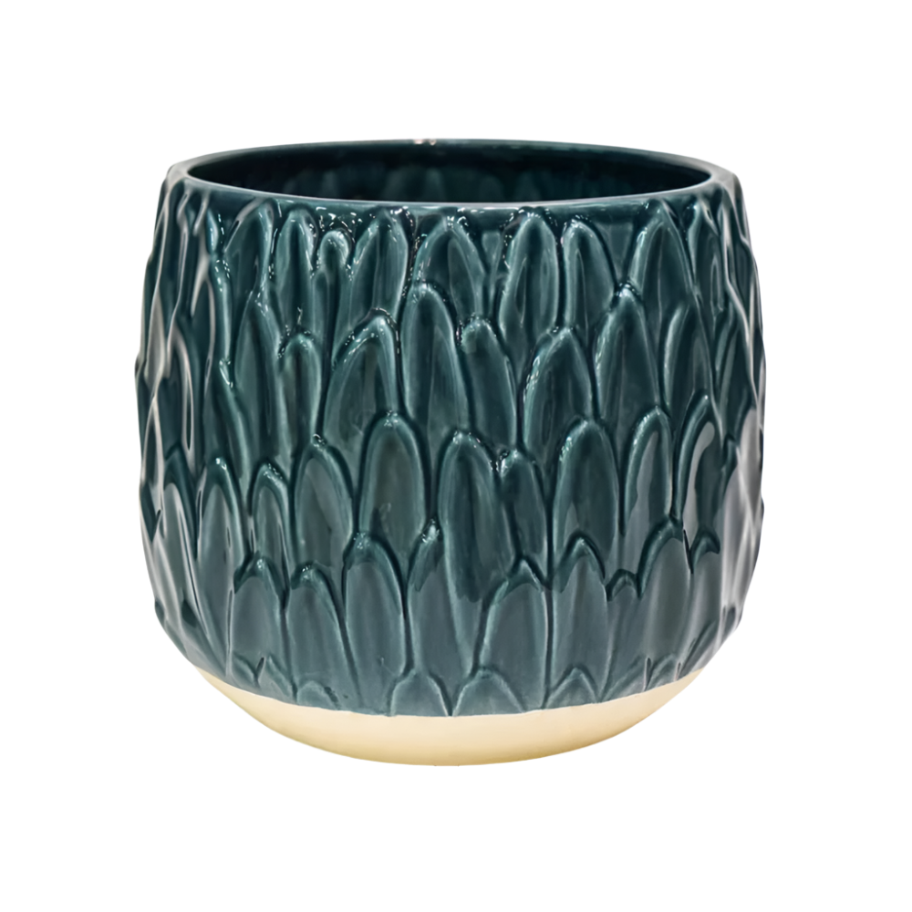 arles teal ceramic leaf embossed plant pot