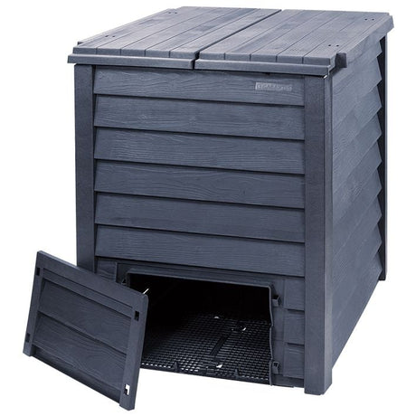 A grey Thermo-Wood compost bin with a base grating, featuring a wood-like finish and ventilation openings on all four sides.