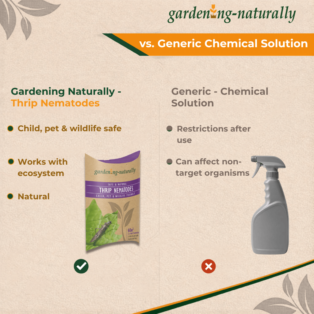 Comparison chart between Gardening Naturally thrip nematodes and a generic chemical solution on a beige background.