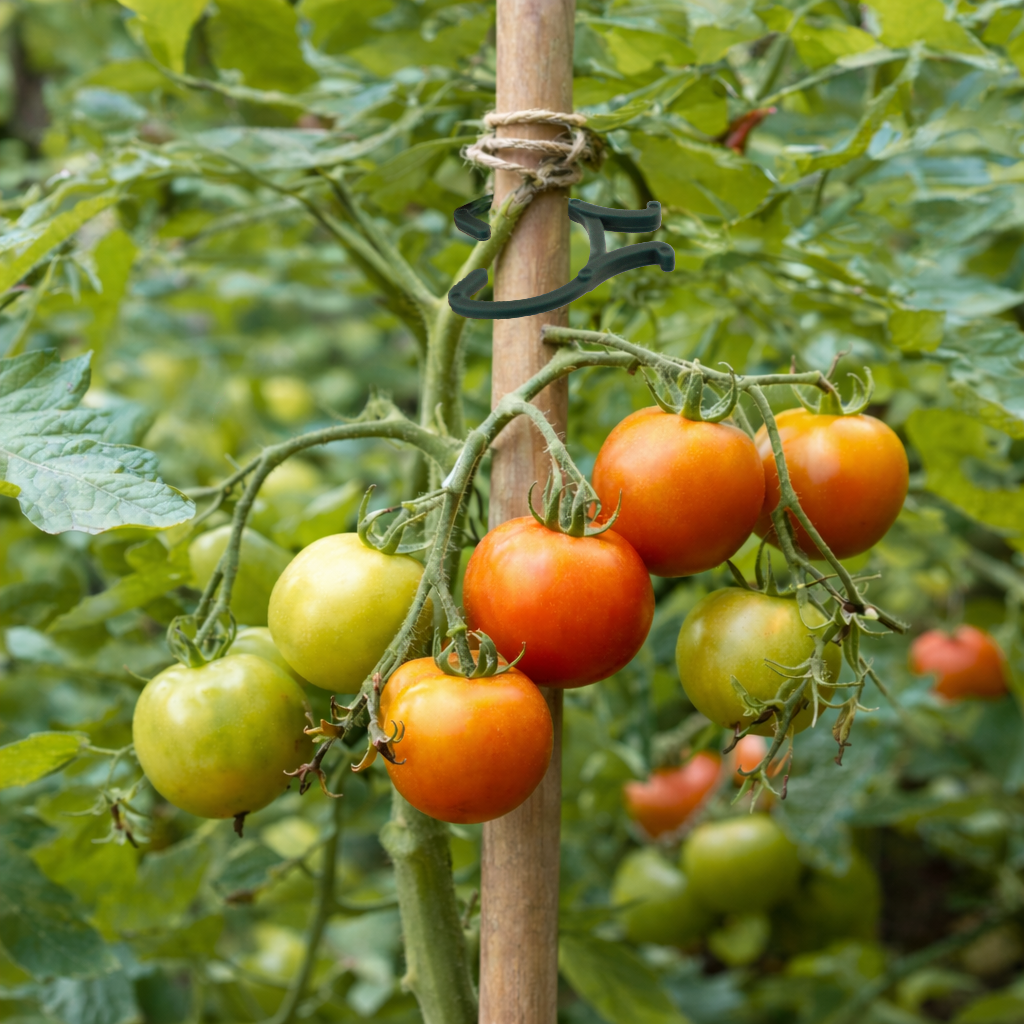 Tomatoes growing on a vine with a support stake in a garden setting