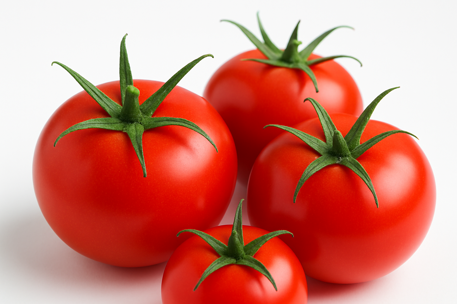 Four red tomatoes with green stems